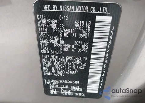 2012 Nissan Quest Sl z USA, uszkodzony, nr VIN JN8AE2KP9C9046491